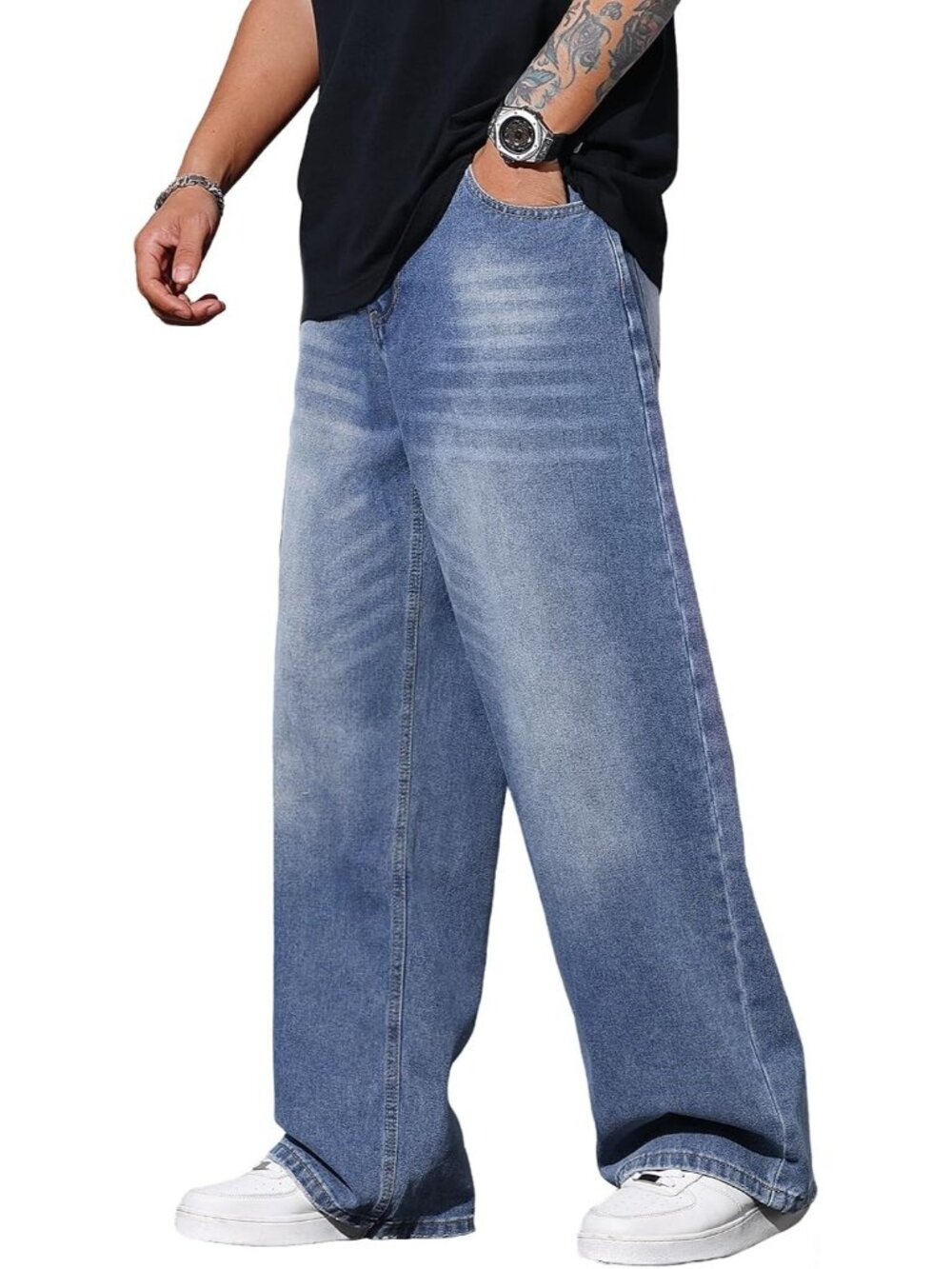 Men's C10 Blue Wide Leg Loose Fit Hip Hop Streetwear Casual Denim Baggy Jeans